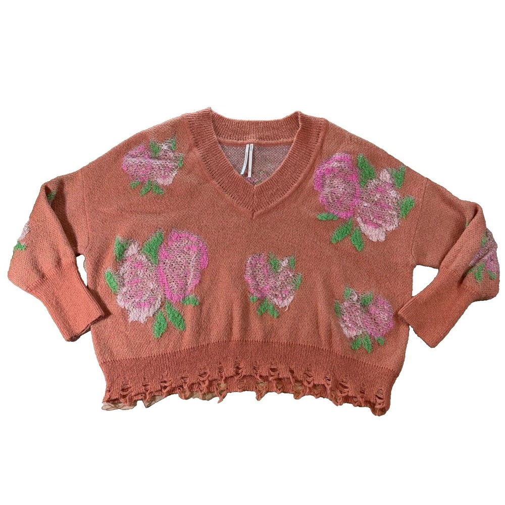 Anthropologie‎ Floral Marigold Distressed Drop Shoulder Sweater Boho Cottagecore